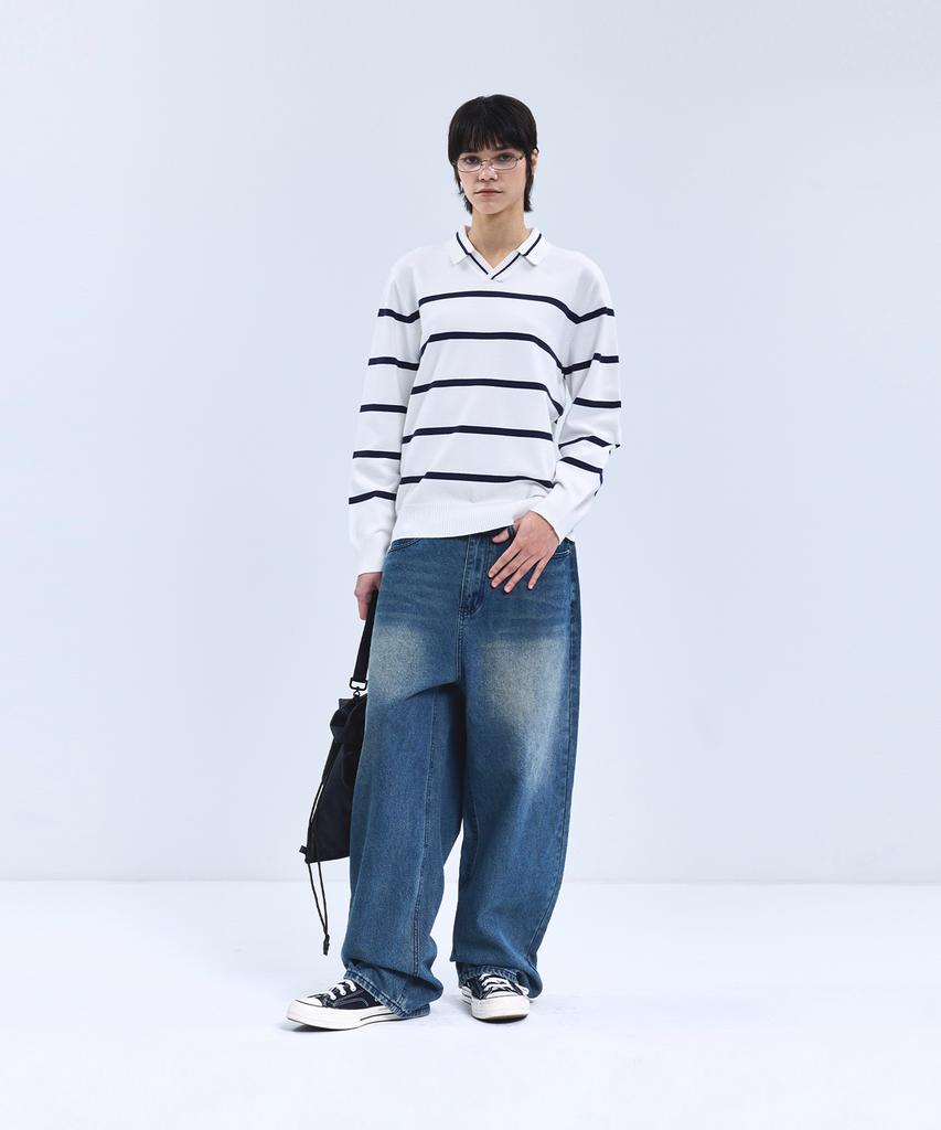 IRONYPORNO WHITELINE 86-Iroj365 Open-Neck Striped Long-Sleeve Knit White