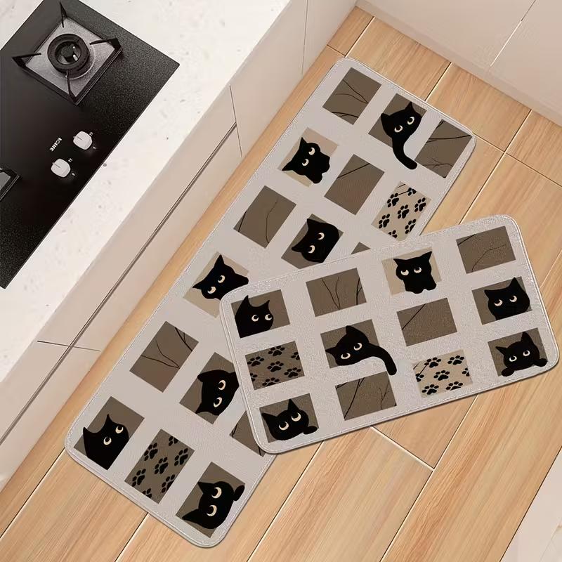 1/2pc Cartoon Cat Check Print Floor Mat, Non-Slip And Dirt-Proof, For Hallway, Kitchen, Bathroom, Home Decoration Carpet