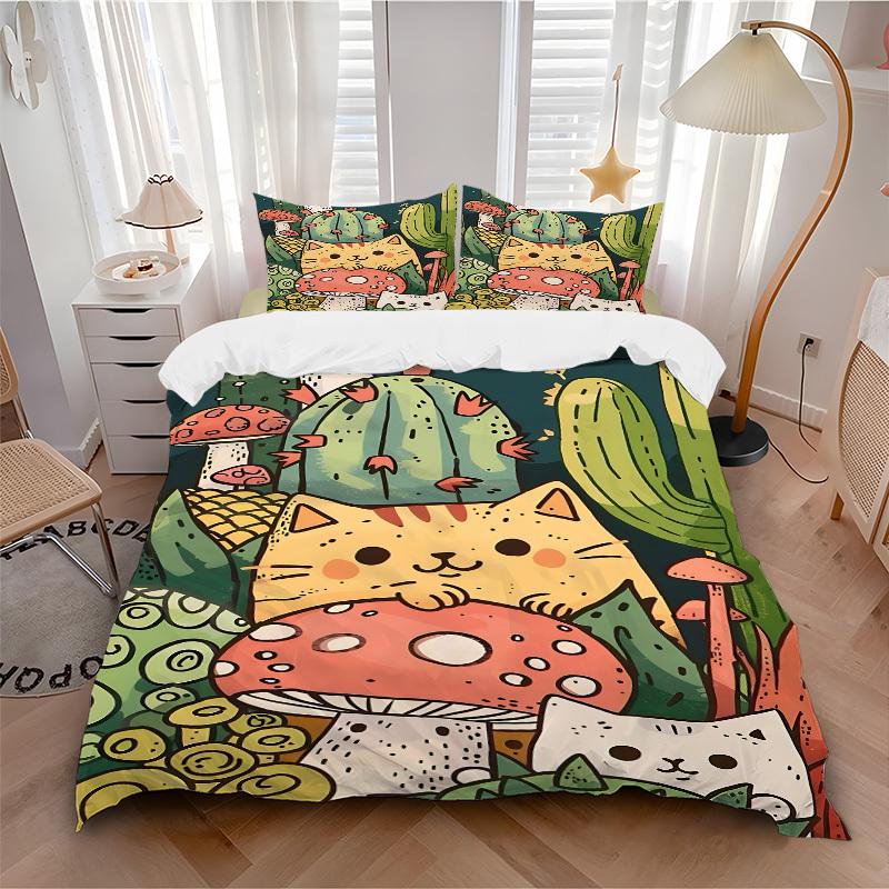 

3pcs Cactus Mushroom Cat Pattern Bedding Set, Includes 1 Comforter + 2 Pillowcases, Without Pillow Inserts, Soft Comfortable, Lightweight Breathable 135x200cm