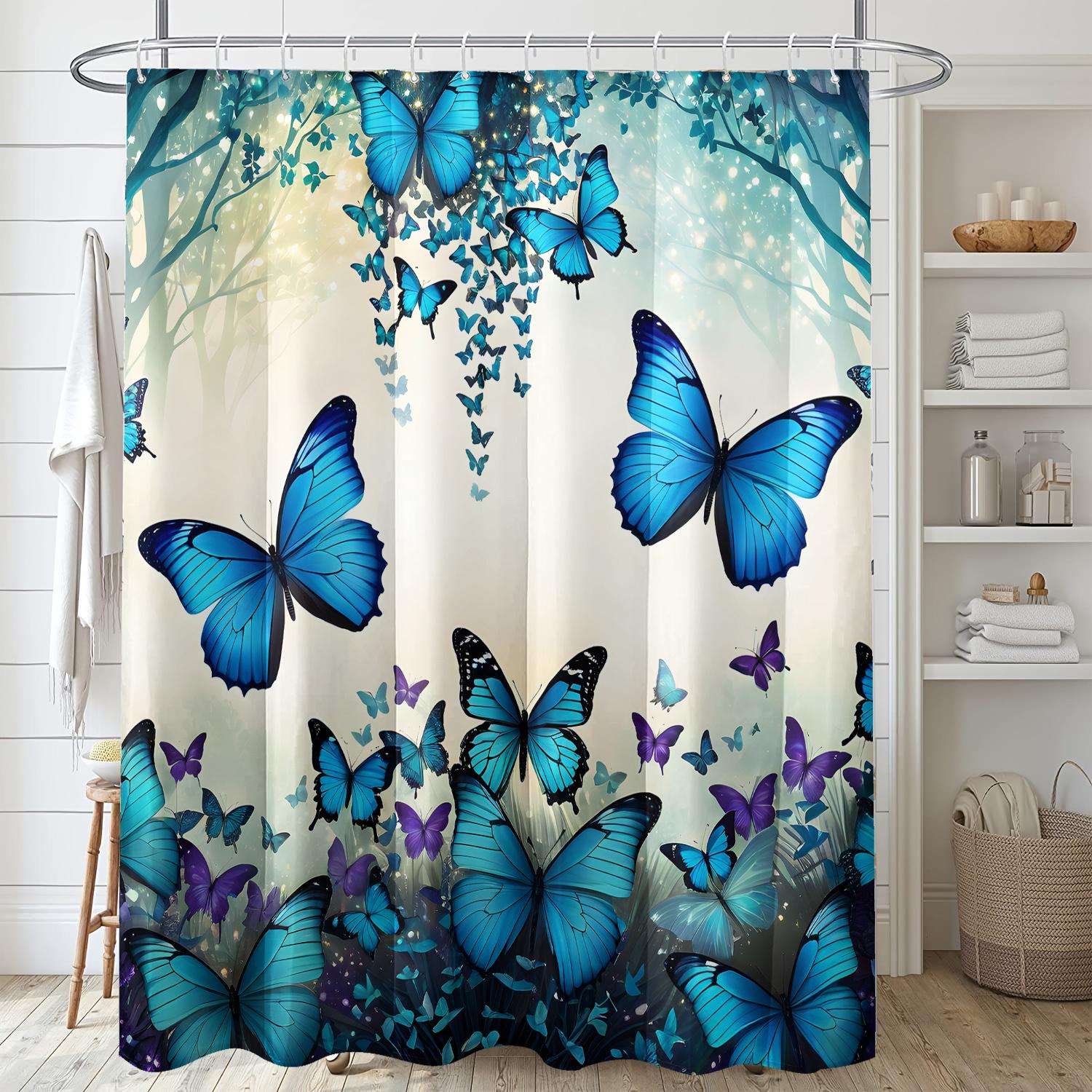

Blue Butterfly Print Shower Curtain, Polyester Fabric With Hooks, Minimalist Style For Windows, Walls, And Bathtubs W60H190(CM)-1 Pcs