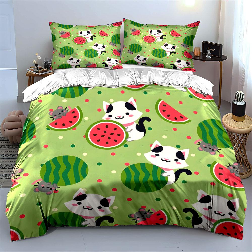 Adorable Cats And Watermelon Set  Kid'S And Adults' Bedroom Decor, Exquisite Three-Piece Bedding Set Gift