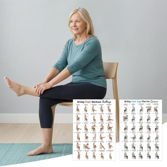 2Pcs Chair Yoga Poster Set, 30 Day Seated Exercise Chart for Seniors, Gentle Stretching Workout Guide for Elderly, Strength Training Wall Art
