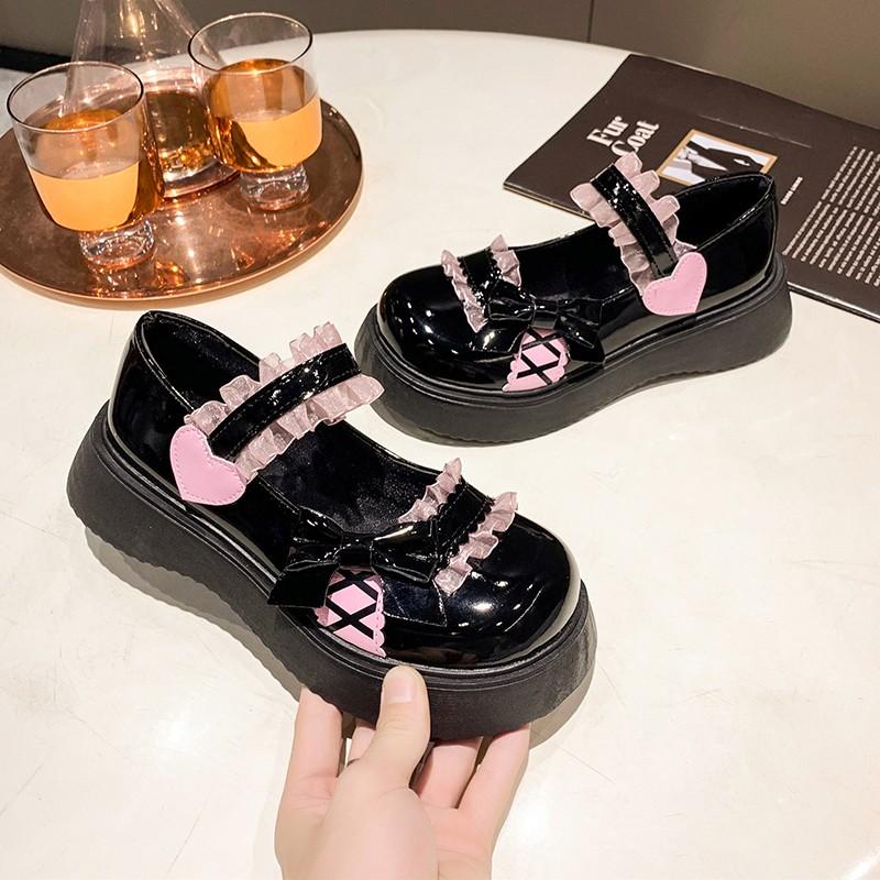 Spring Mary Jane Shoes Round Head Shallow Mouth Bow Lace One Line Buckle Waterproof Platform Non-slip Shoes