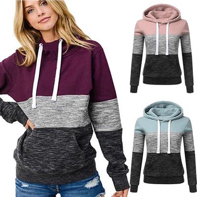 Damen Kapuzenpullover mit langen Ärmeln, Fleece, Kapuzenpullover, Farbnähte, gestreift, Oberteile
