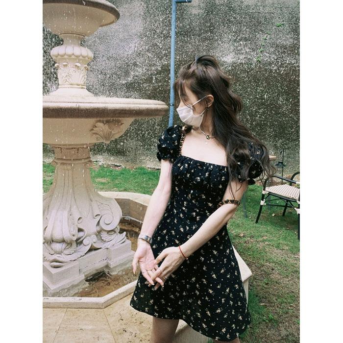 

New summer French square neck black floral dress, thin tea break feeling split ends stunning long dress S