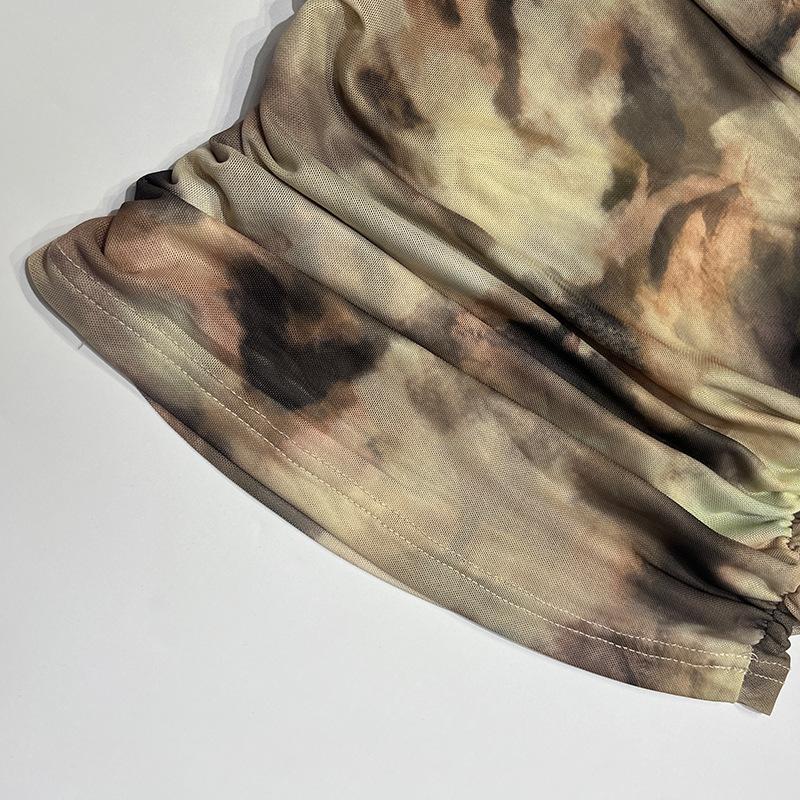 Spring Women's Blouse 3D Printed Neckless Slim T-Shirt Vintage Sexy One Shoulder Pressure Pleat Top