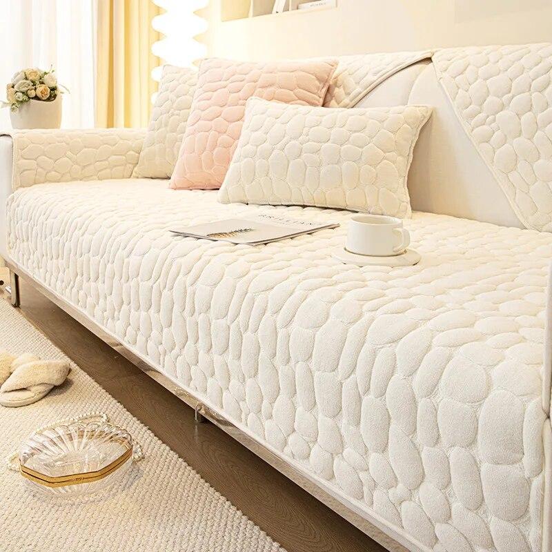 White Sofa Cover Stone Pattern Plush Anti-slip Couch Cushion Towel Living Room Universal Armchair Slipcover Blanket Cover 3 Seat