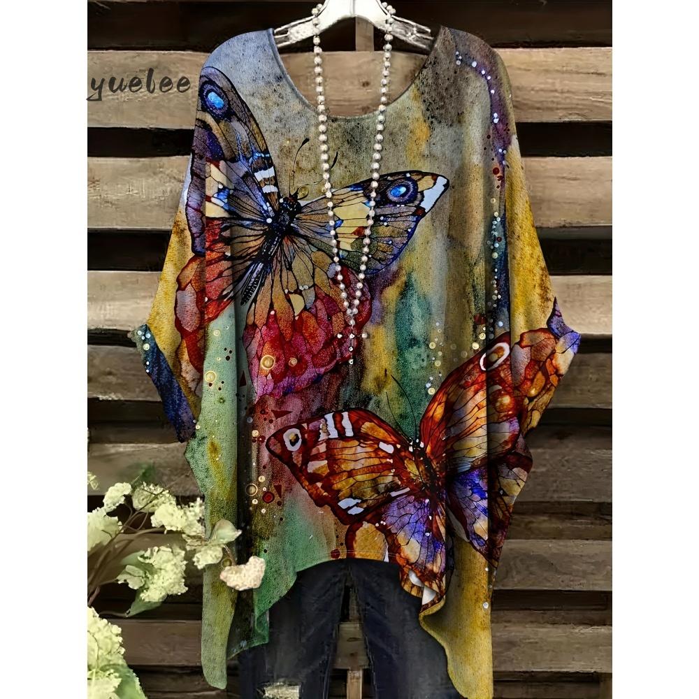 Verano Tela Imitación Denim Patrón Tie-Dye Estampado Dobladillo Irregular Cuello Redondo Manga Corta Mujer Casual al Aire Libre