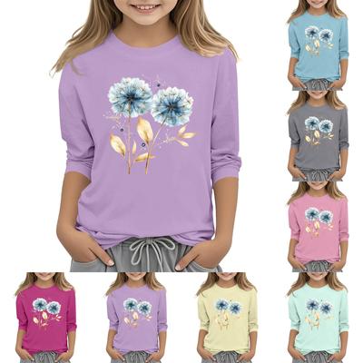 Children's 3/4 Sleeve Round Neck Flowers Print Casual Top