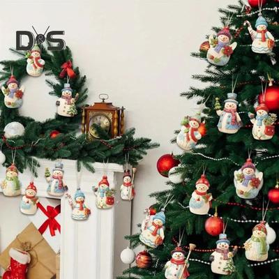 9/18 Stück Schneemann-Anhänger aus Holz, Weihnachtsornament zum Aufhängen, bemalt, Schneemann zum Aufhängen mit Schnur für Weihnachtsbaum, Weihnachtsdekoration