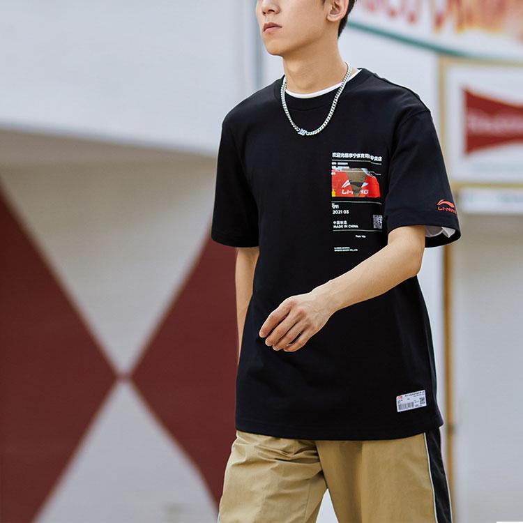 Li-Ning Creative Letter Pattern Print Casual Round Neck Short Sleeve T-Shirt Unisex Tops Black AHSR861-1