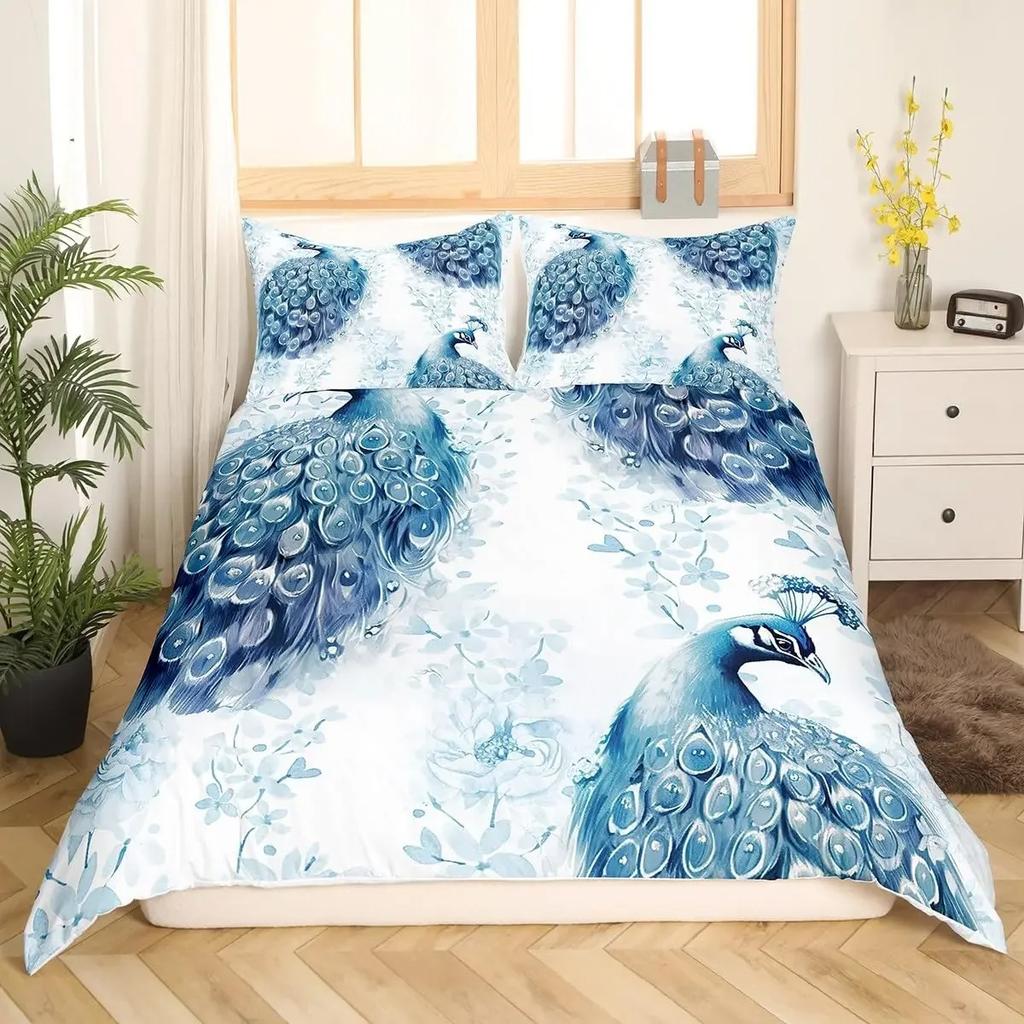 Peacock Duvet Cover Queen Watercolor Feather Bedding Set Bird Animal Floral Print Art Painting Comforter Cover and 2 Pillowcase