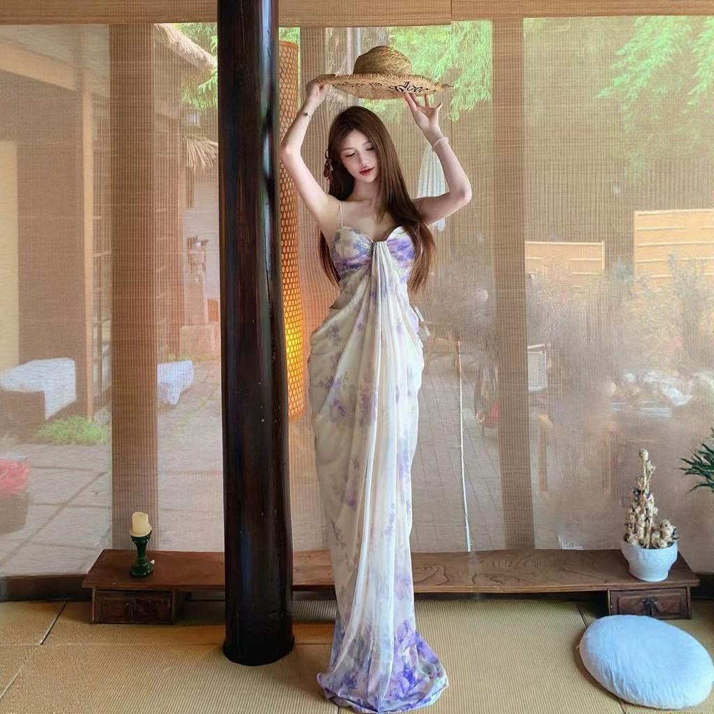 [Adjustable with Padding Pad] Sexy vacation-style purple floral spaghetti strap dress, women's slim mesh gown, stunning long dress
