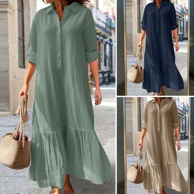 Sommerkleid für Damen, Revers, lange Ärmel, Rüschen, Patchwork, Plissee, lockere A-Linie, großer Saum, halblang, einreihig, knöchellang, dünn, atmungsaktiv, lässiges Kleid