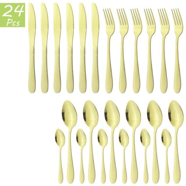 24Pcs Gold Cutlery Set Knives Fork Tea Spoon Dinner Tableware Set Stainless Steel Dinnerware Set Kitchen Flatware Silverware Set