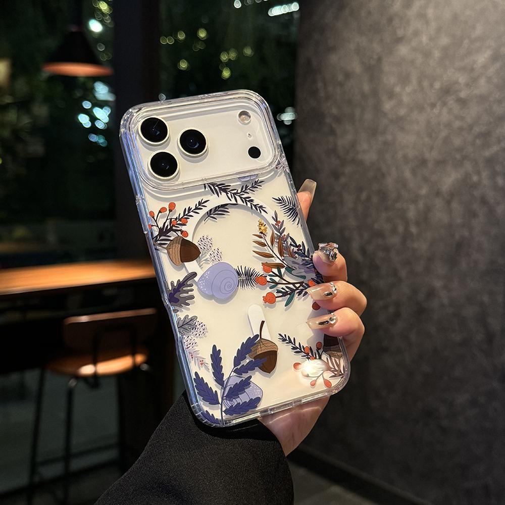 Flowers Element Design Transparent Magnetic Case for iPhone 12 16 15 14 13 17 Pro Max Air Wireless Charging For Magsafe Cover