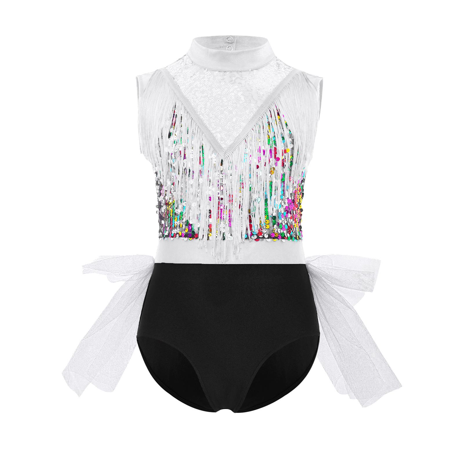 

Сукня для латиноамериканських танців для дівчаток без рукавів з вирізом на спині, бахромою та блискучими паєтками, костюм для виступів з кольоровими блоками 13-14 Years білий