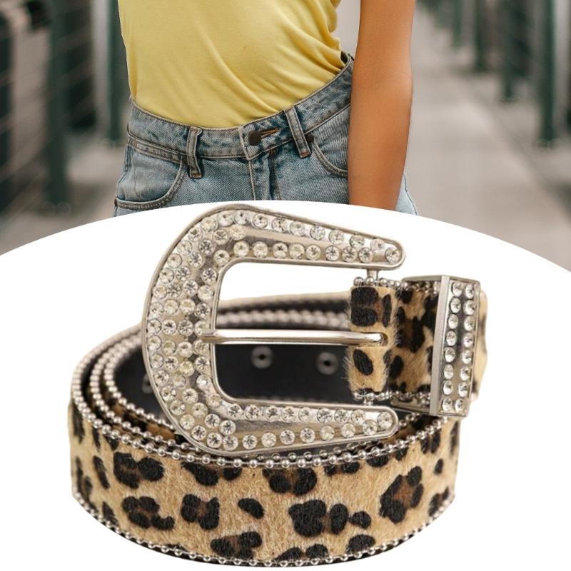 Unique Waist Belt Leopard Print Chain for Cowboy Cowgirl Stylish Rhinestones Buckle Retro Hot Buckle Waist Chain Belt