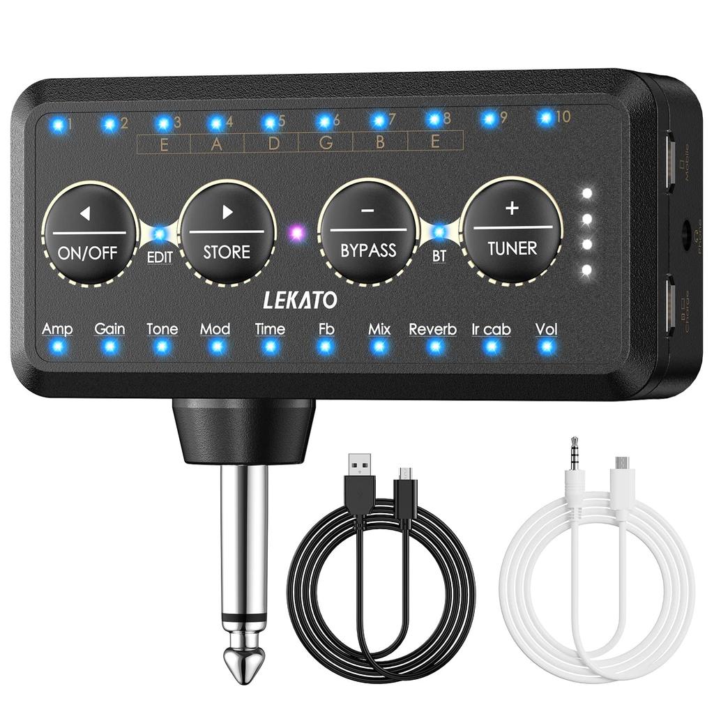 LEKATO Guitar Headphone Amplifier with Bluetooth Mini Plug, 10 Amp Models, Tuner, and Effects, Inlay Multi-Effects: Delay, Reverb, Chorus, and