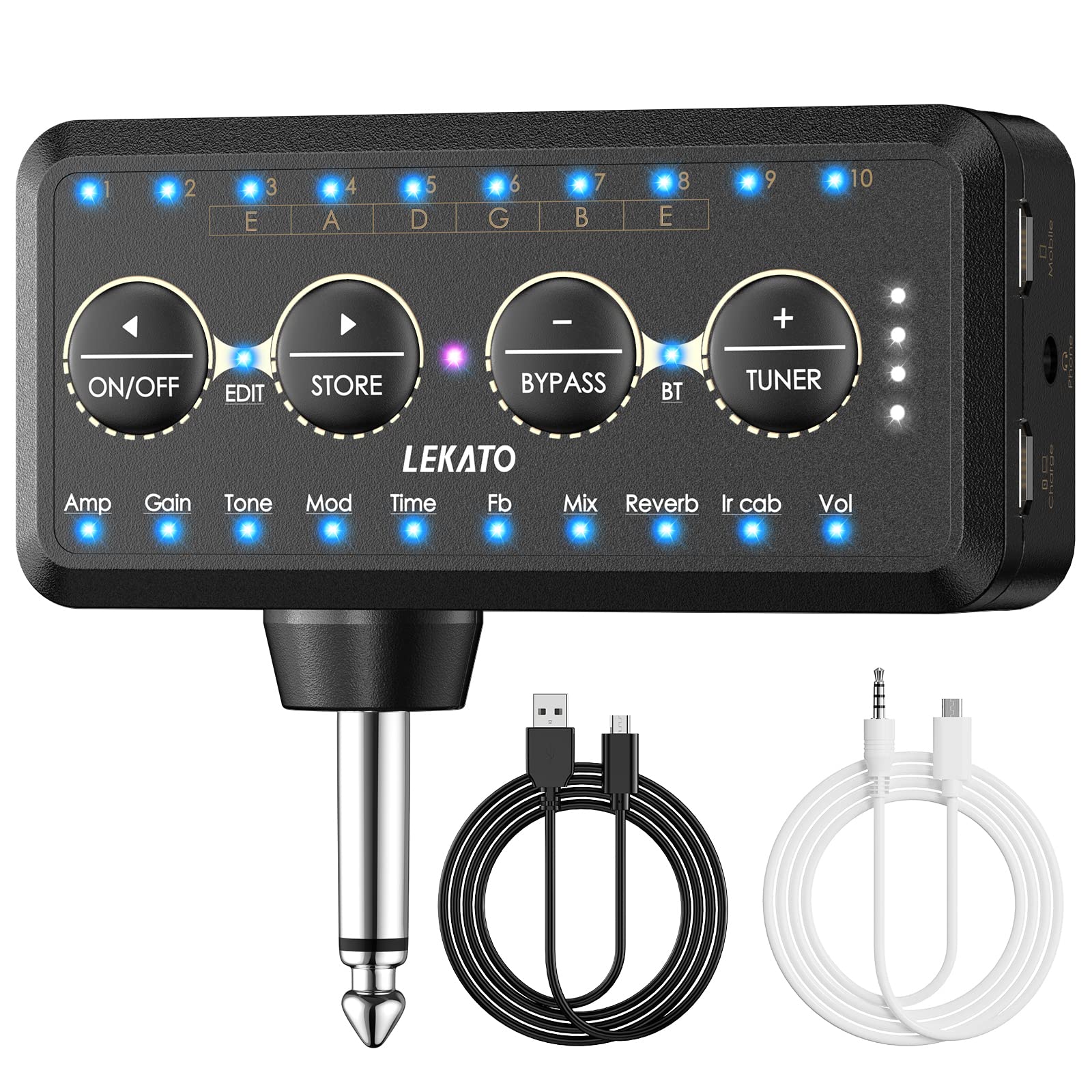 

LEKATO Усилитель для наушников для гитары с Bluetooth Mini Plug, 10 моделей усилителей, Тюнер и Эффекты, Встроенные Мультиэффекты: Задержка, Реверберация, Хорус и