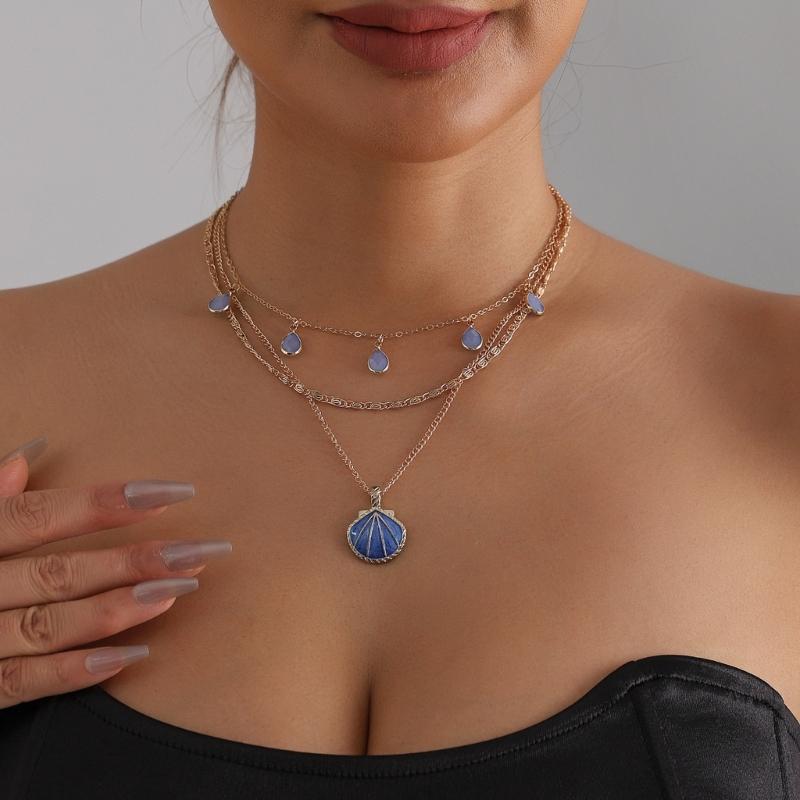 Blue Tidal Shell Drop Pendant Necklace Handcrafted Glaze Finish Alloy Chain For Everyday Elegances