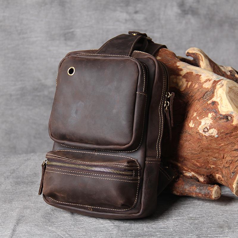 

Vintage Top Grain Cowhide Men s Large Capacity Chest Bag - Crazy Horse Leather Crossbody Bag темный кофе