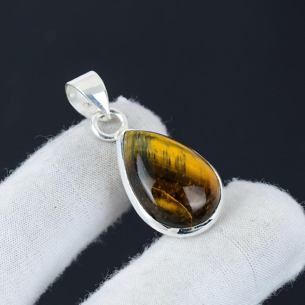 Natural Tiger Eye Gemstone Silver Pendant In 925 Sterling Silver- Handmade Design, Everyday Wear Jewelry, Unique Pendant Engagement Gifts