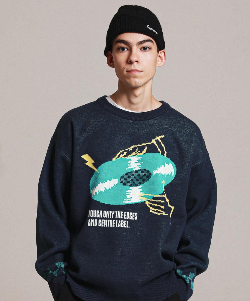 STAGE NAME Retro Record Oversized Knit Sweater_Navy