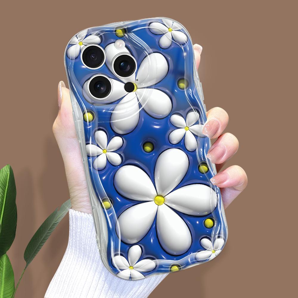 For iPhone 16 15 14 Samsung S25 S24 S23 A06 A13 A14 A15 A16 A55 Redmi 14C 13C Note 14 13 12 Wavy Edge Rabbit Flowers Soft Silicone Phone Case