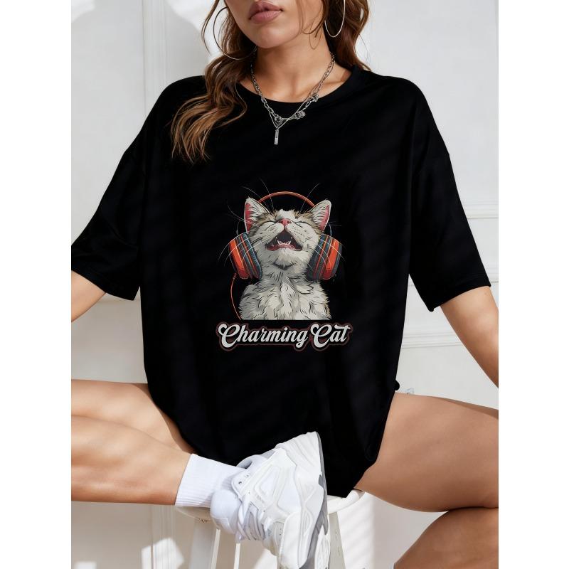 Oversized T Shirt White Cat With Headphones And Chatting Cat Text Casual Wear For Women Summer Streetwear Fashion Top