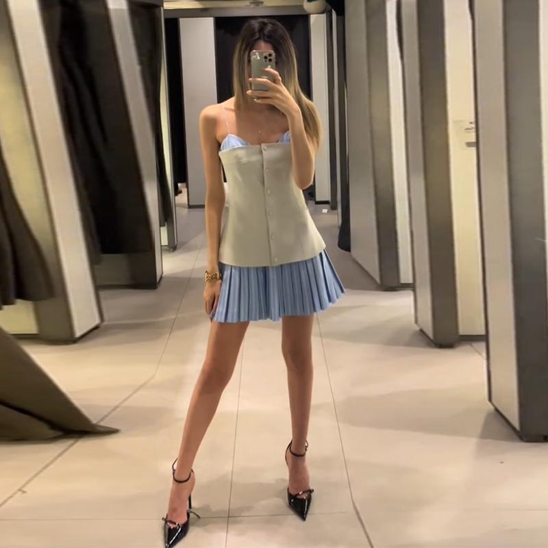 Patchwork Contrast Color Dress Pleated Hem Women Slim Sweet Strap Single Breasted Dresses Blue Y2K College Style 2025 Summer