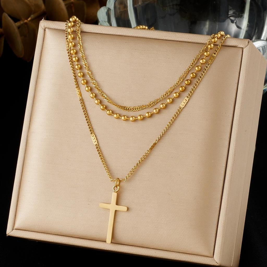 Stainless Steel Multi Layer Cross Pendant Necklace For Women Girl Fashion New Trendy Jewelry Accessory Gift Party Glamorous