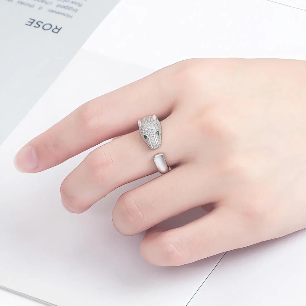 Noble 925 Sterling Silver Noble Crystal Leopard Head Rings for Women Lady Men Casual Fashion Party Wedding Engagement Jewelry