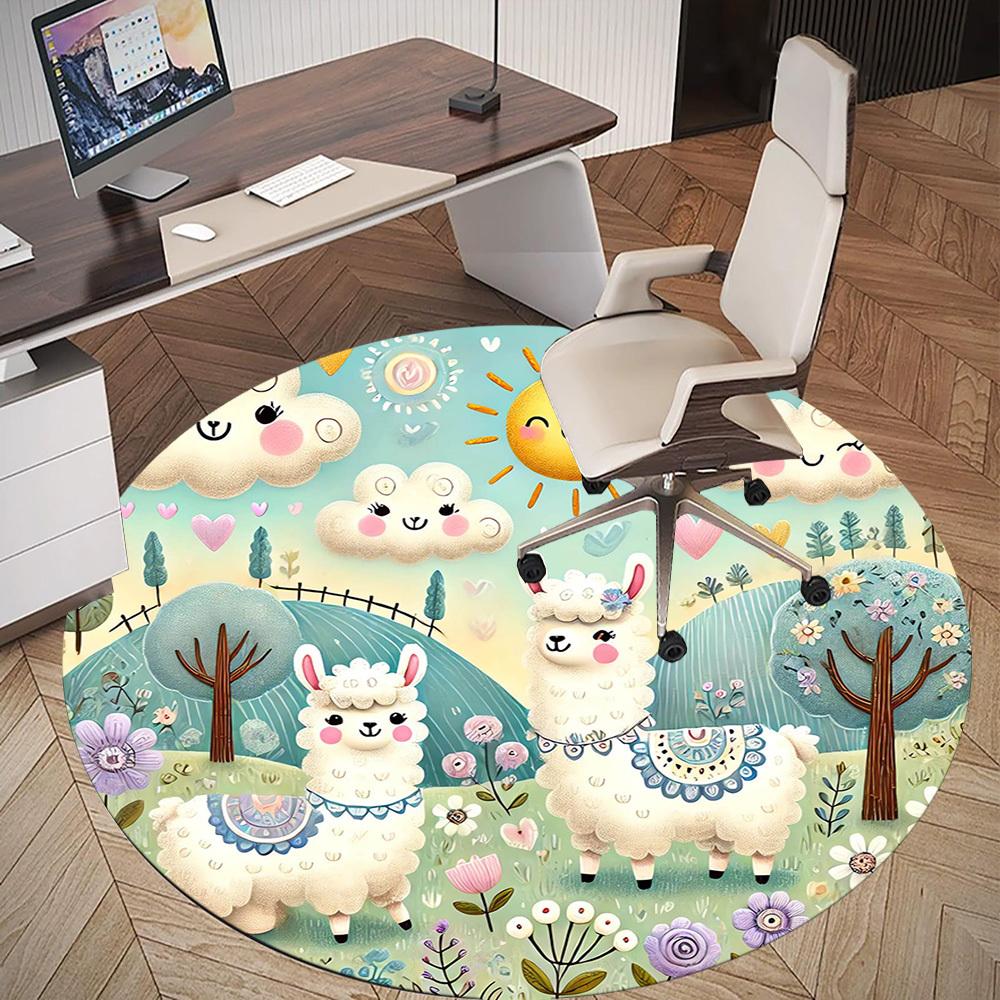 1pc Llama Flowers Round Chair Mat Area Rug - Non-Slip, Floor Mat for Office, Bedroom, and Indoor Decor -1002047