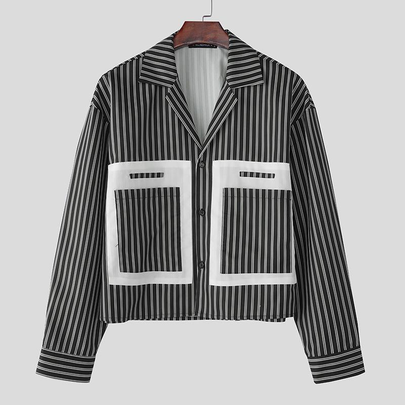 INCERUN Übergroße Herren Langarm Gestreiftes Druckhemd Lässig Locker Knopfleisten-Oberteile