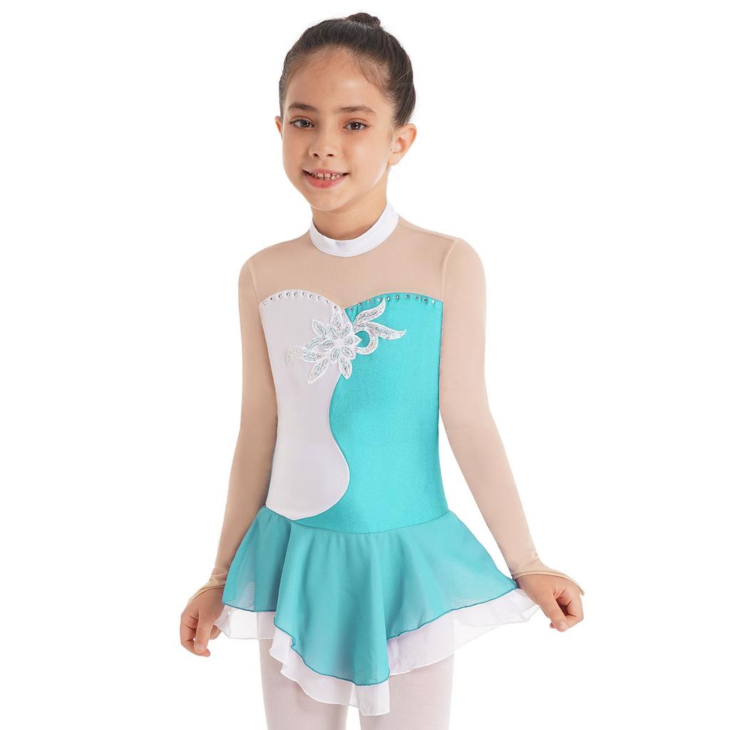 Dancewear for Kids Girls Long Sleeves Mesh Patchwork Sequins Skating Gymnastics Dress