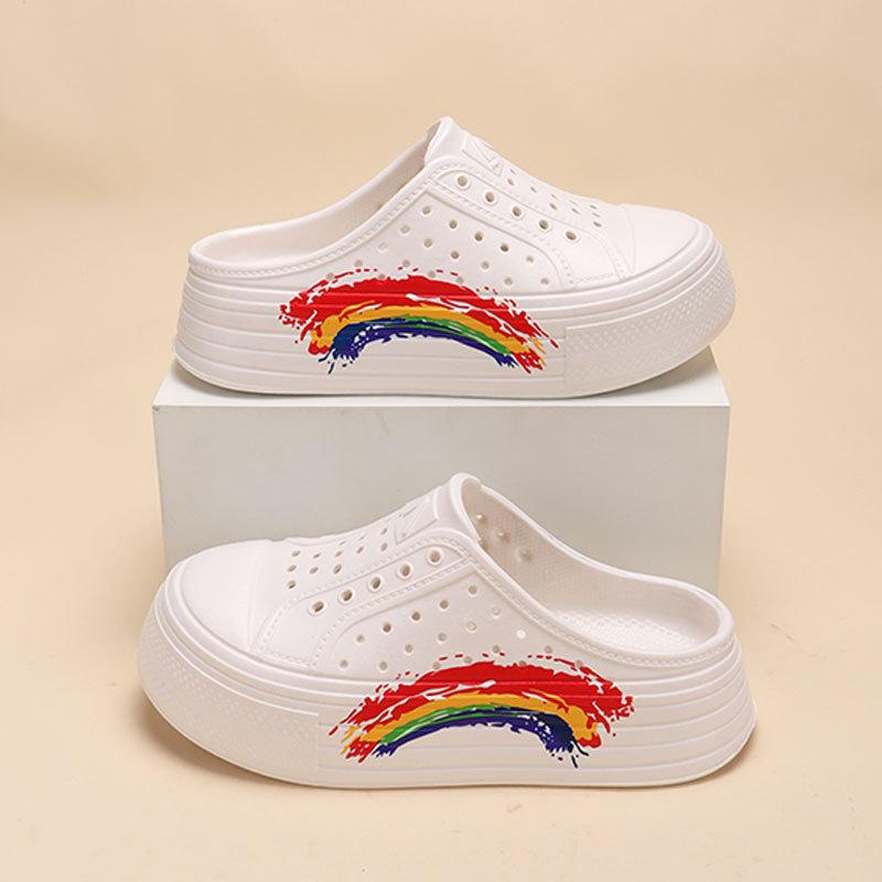 Rainbow hole shoes women's summer heightening thick-soled hole shoes hollow round head breathable soft sole outer wear beach half drag