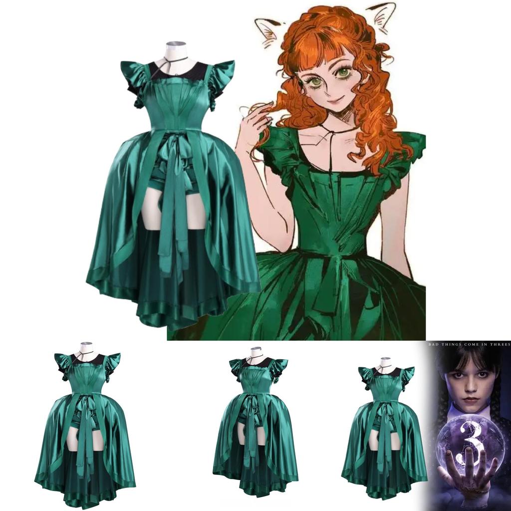 Wednesday Agnes Demille Green Cosplay Dress With Polyester Fabric For Teen And Adult Costumes