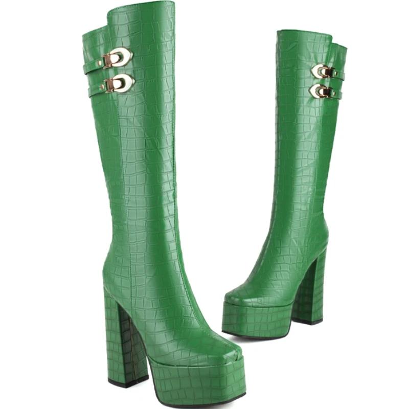 Black Knee High Boots For Women Platform Winter Shoes Green Heels Sexy Long Shoes Zipper Party Boots Lady Large Size