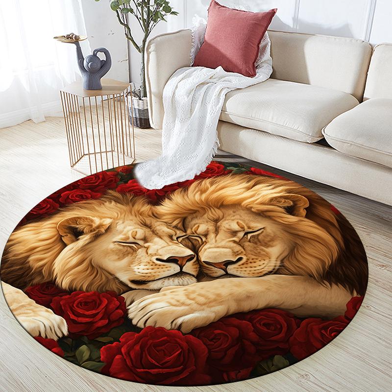 

Lion and Roses pattern round rug,Carpet Rug for Living Room Bedroom Sofa Playroom Decor,Non-slip Floor Mat,Holiday Gifts and Birthday Gifts 100cmx100cm