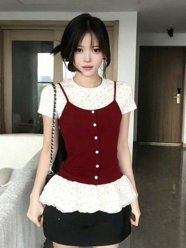 Korean Chic Fake Two-piece Front Shoulder Short Sleeve T-Shirt Women's Summer Ballet Sweet Style Slim Skinny Versatile Top