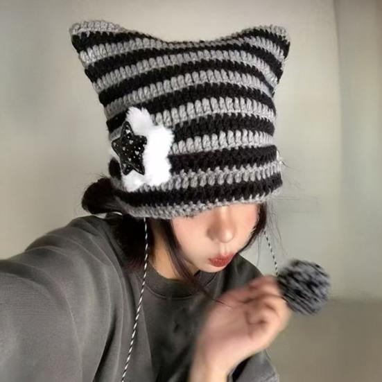 Winter Knitted Hat Cat Ear Design Plush Ball Decor Striped Print Windproof Warm Women Hat Cold Weather Headwear