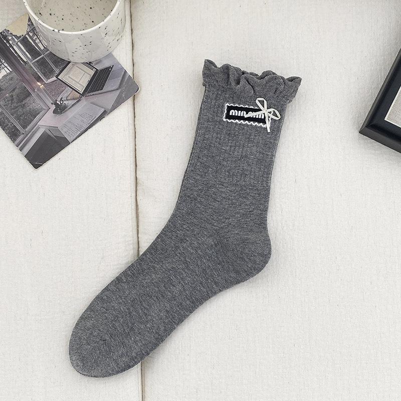 

Miu Miu Style Blue Mid-Calf Cotton Socks with Bow and Lace Ruffle One Size