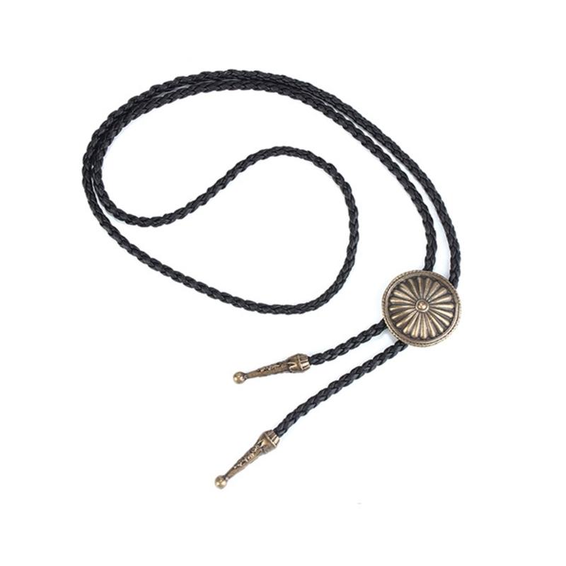 Mens Bolo Tie Necktie Faux Leather Braided Rope Necklace with Metal Round Flower Pendant Jewelry Cowboy Hat Accessories