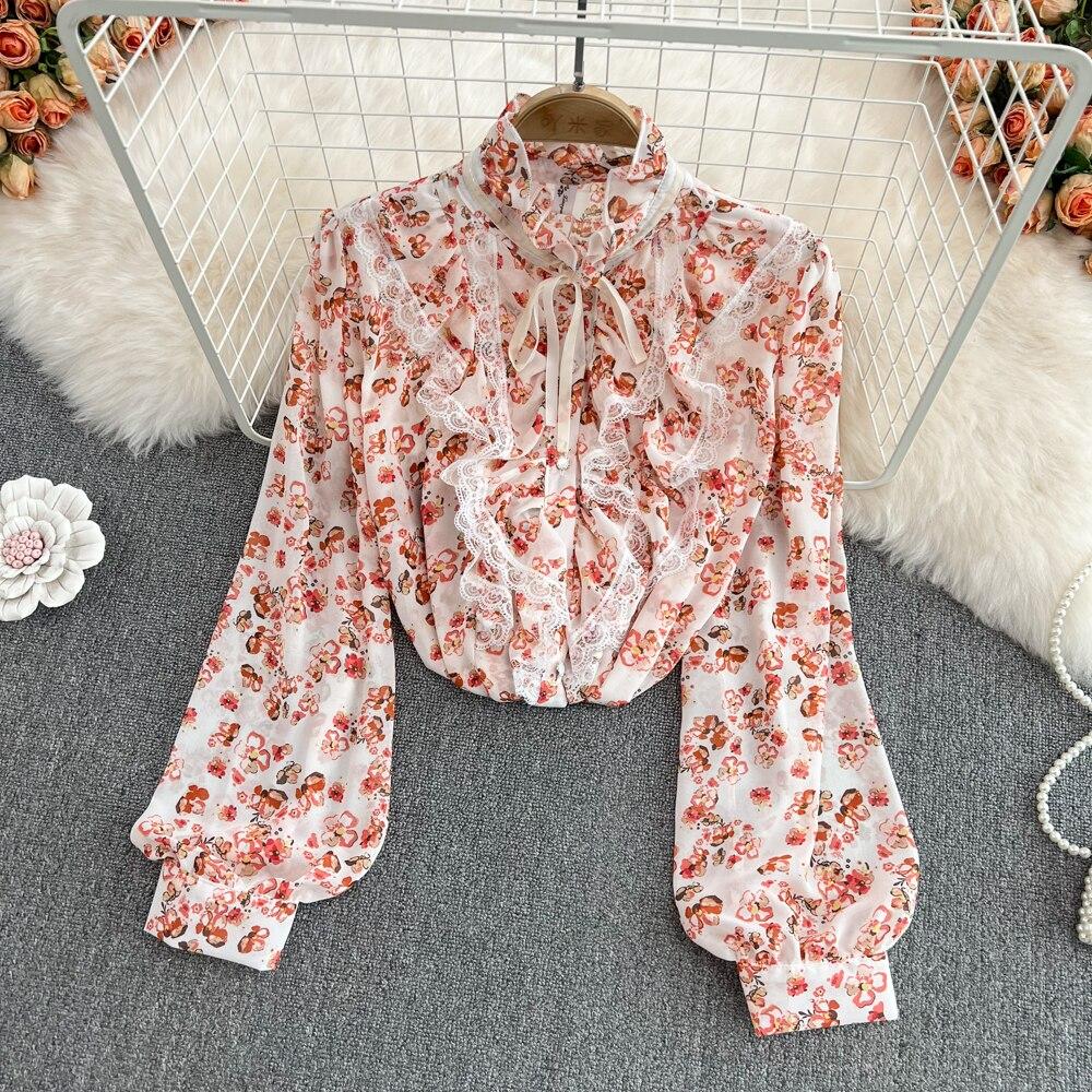 

2022 весенняя корейская мода с кружевным воротником-стойкой, темпераментная шифоновая рубашка с цветочным принтом, кружевной свободный топ с длинным рукавом для женщин