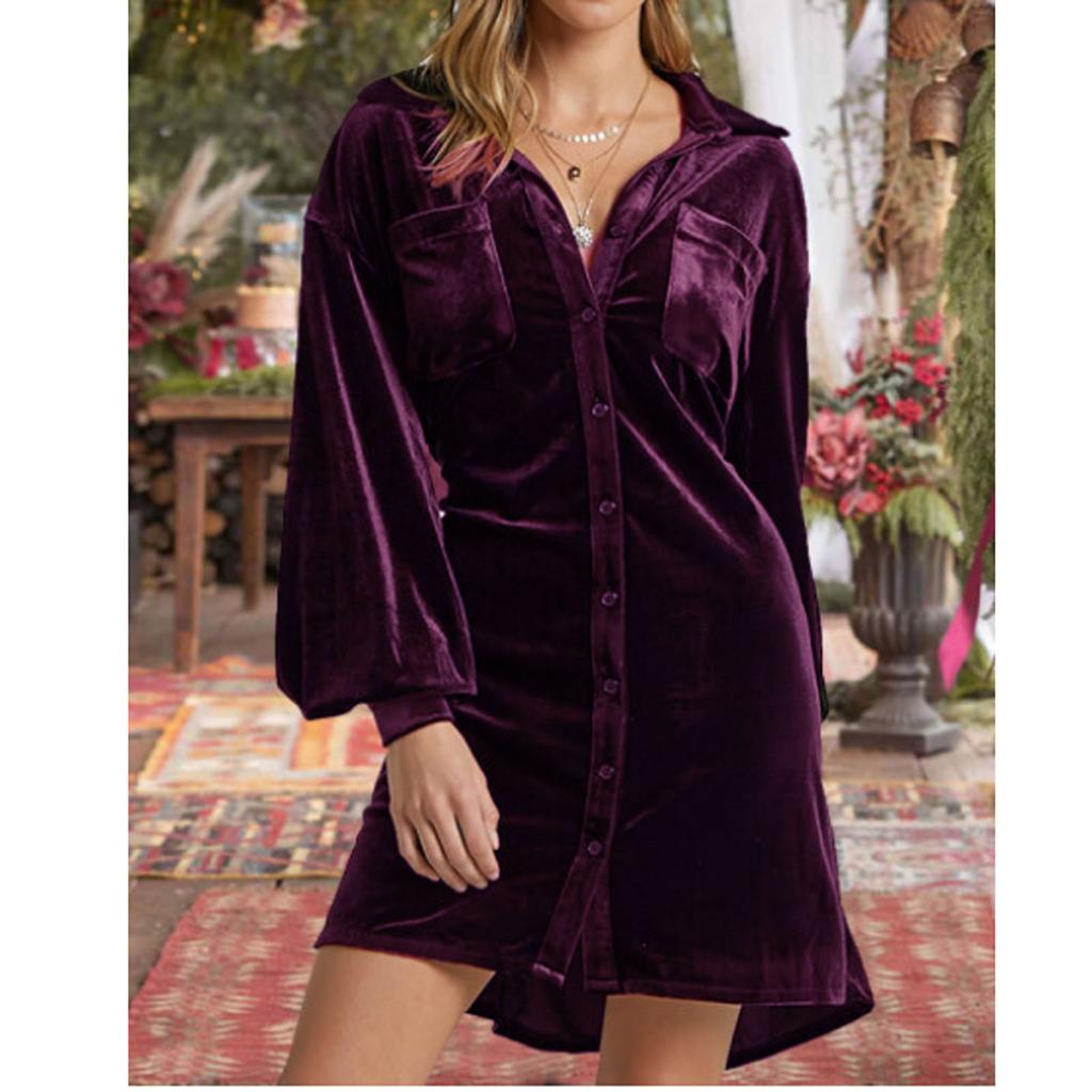Autumn Winter Women's Velvet Lapel Shirt Dress, Long Button Front Dress with Lantern Sleeves, Comfortable Casual Blouse Style Maxi Dress