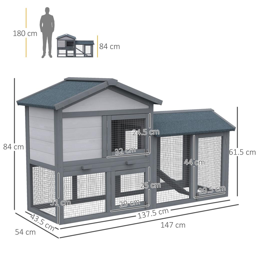Outdoor Wooden Rabbit Hutch with House, Open Enclosed Space and Roof 147x54x84cm