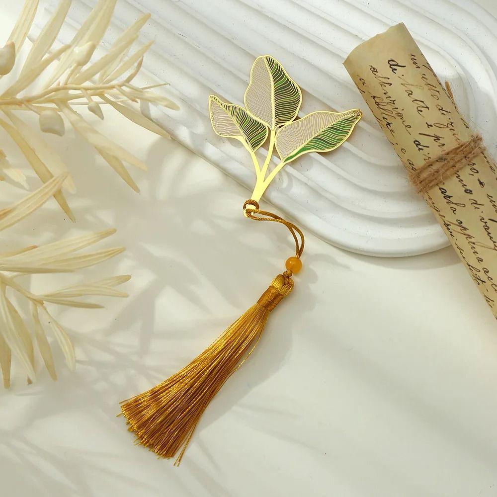 Metal Chinese Style Bookmark Brass Green Leaf Bookmark Lotus Leaf Vein Metal Bookmark Stationery
