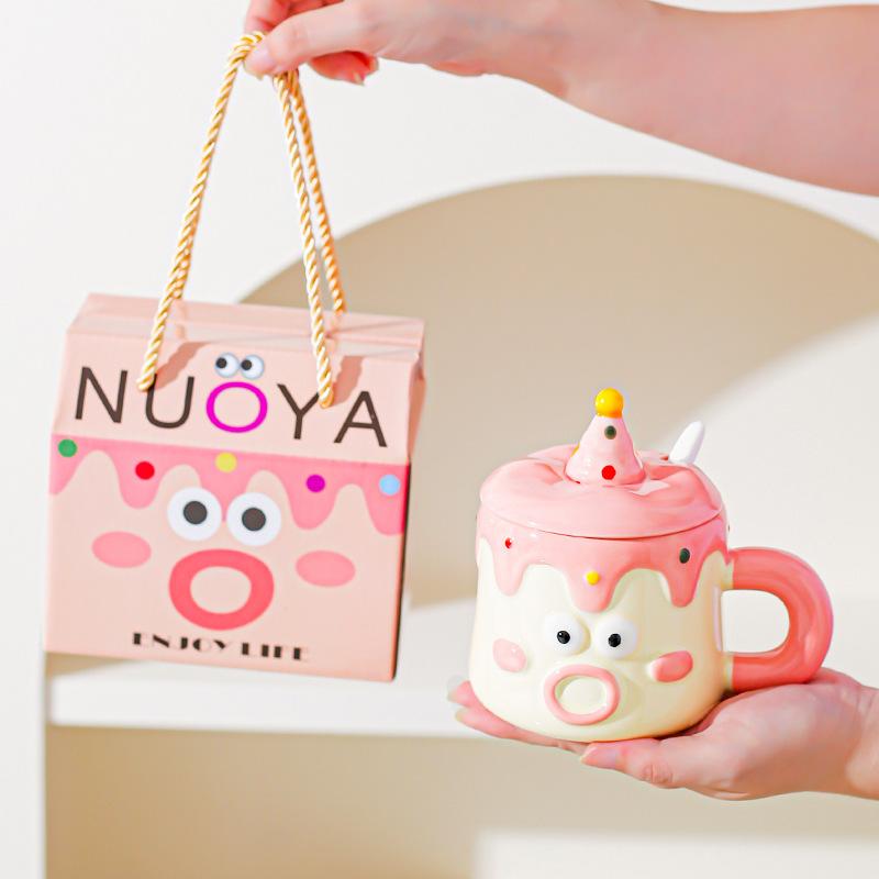 Hand Drawn Cartoon Mug with Lid Spoon Couple Drinking Water Cup Funny Expression Gift Cup Household Milk Breakfast Cup