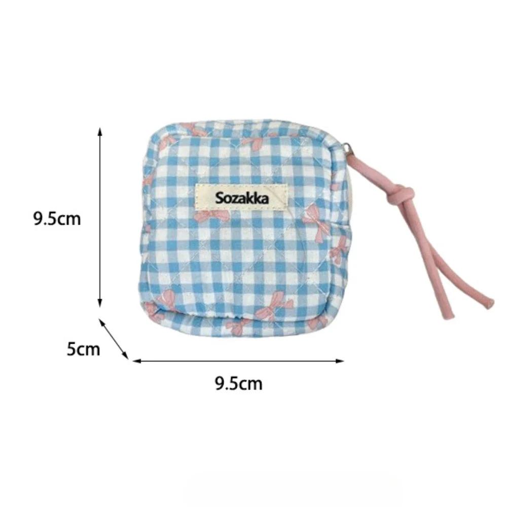 Large Capacity Plaid Bow Print Mini Cosmetic Bag Candy Color Makeup Sanitary Napkin Storage Cotton Cloth Small Item Bag